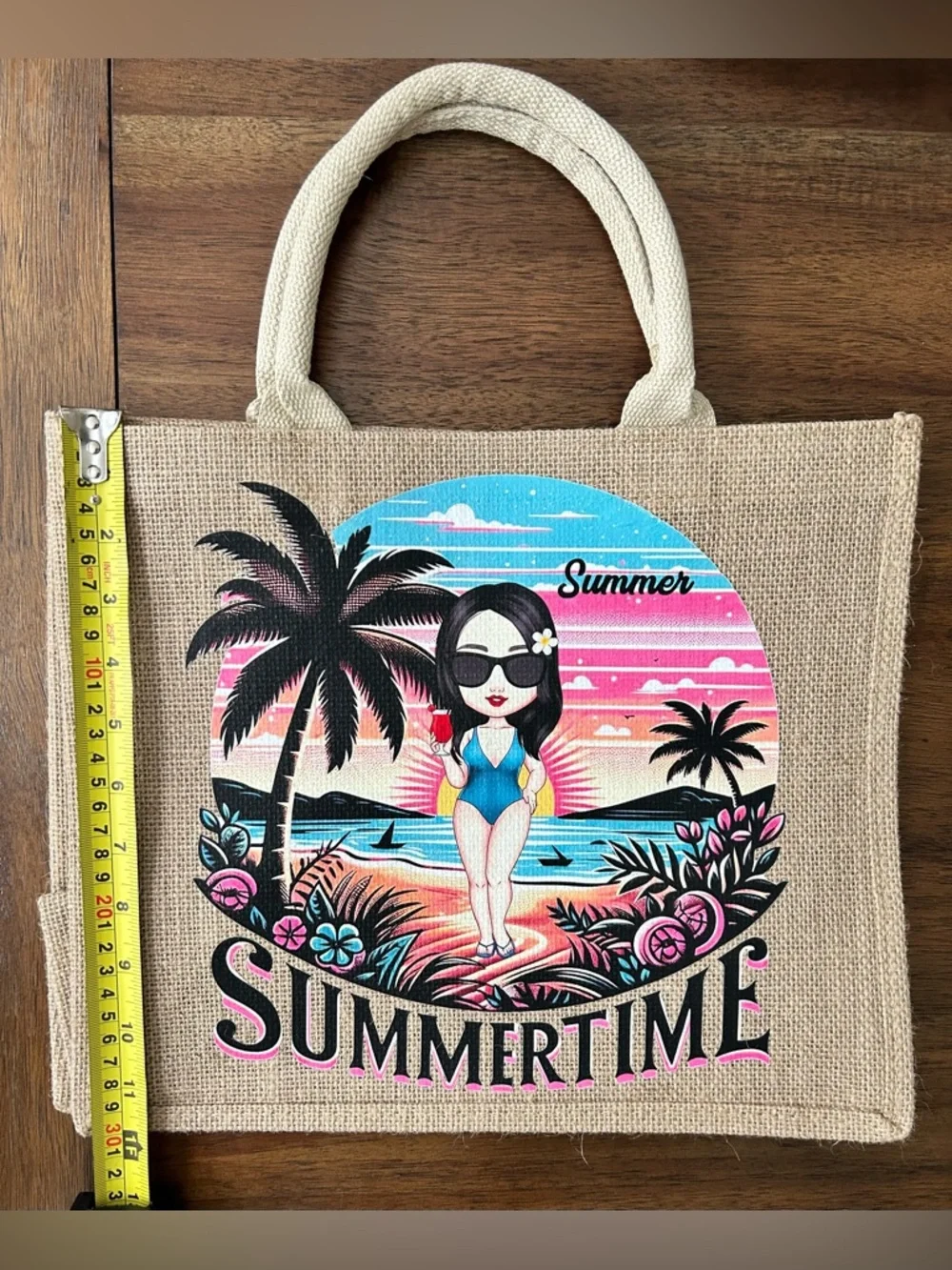 Burlap Summertime Graphic Beach Tote Bag with handles 14 x 12”